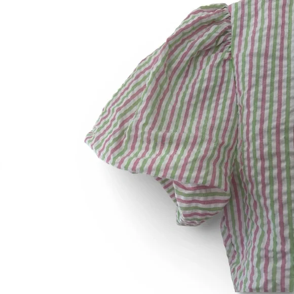 NWOT Draper James RSVP XS Pink Green Striped Seersucker Puff Sleeve Wrap Dress - Picture 8 of 14